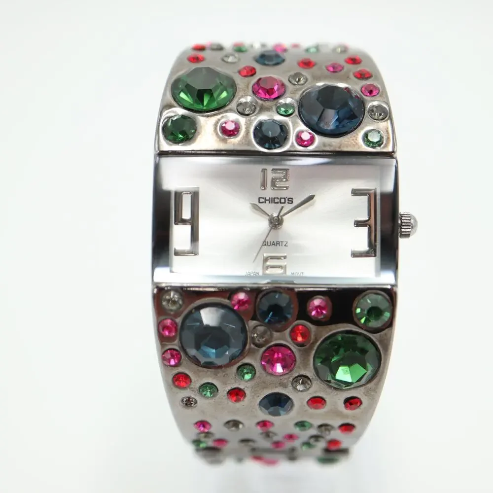 Chico's Womens Jewel Cuff Watch 32mm Blue Green Pink Gems Bangle w New Battery